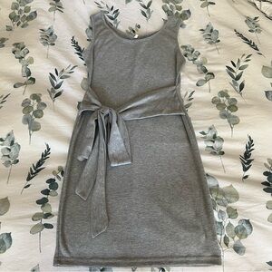 Gray Ribbed Bodycon Tie-Waist Dress